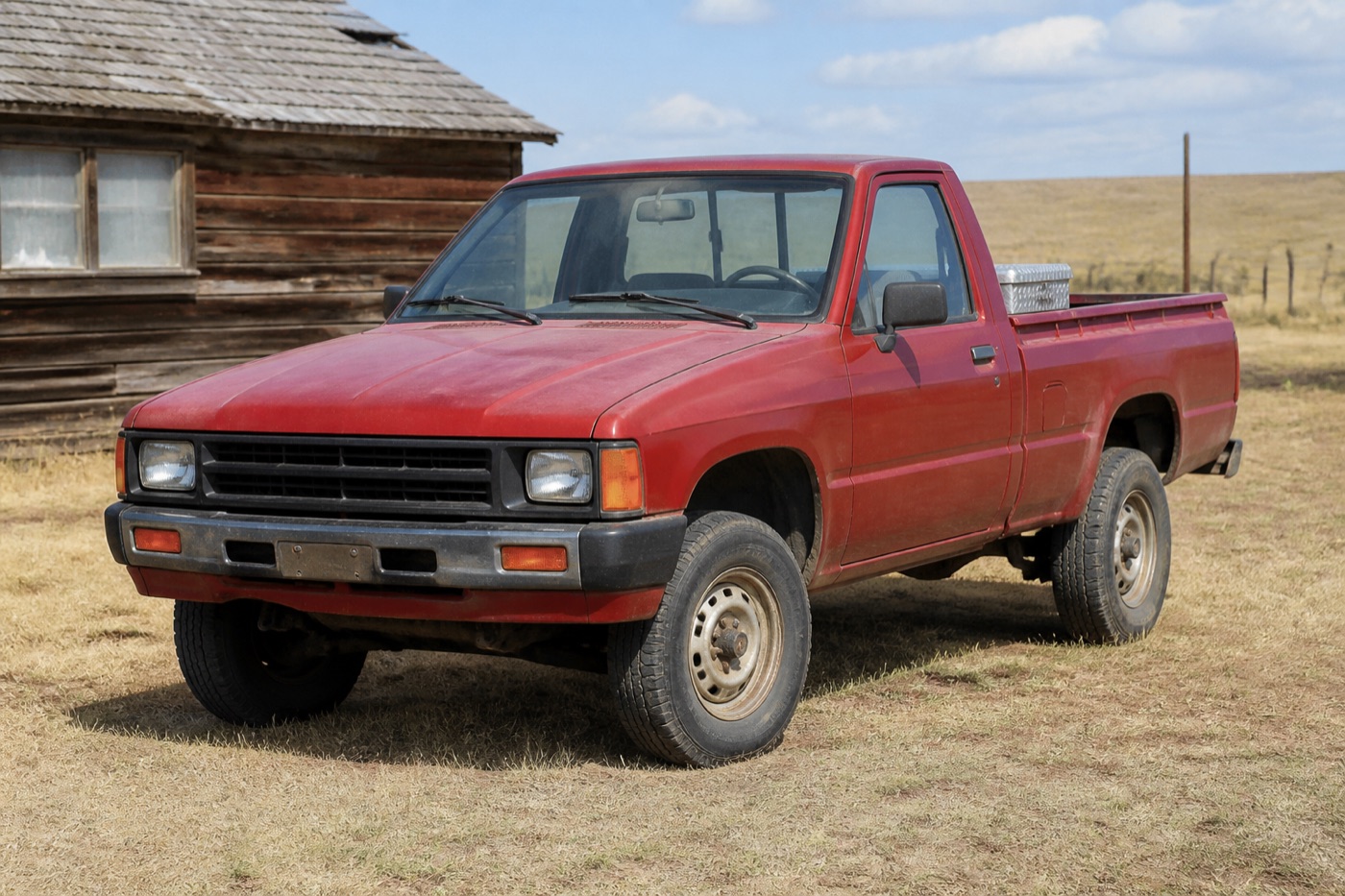 Oxidized red 1987 Toyota Pickup project truck beside a weathered shed