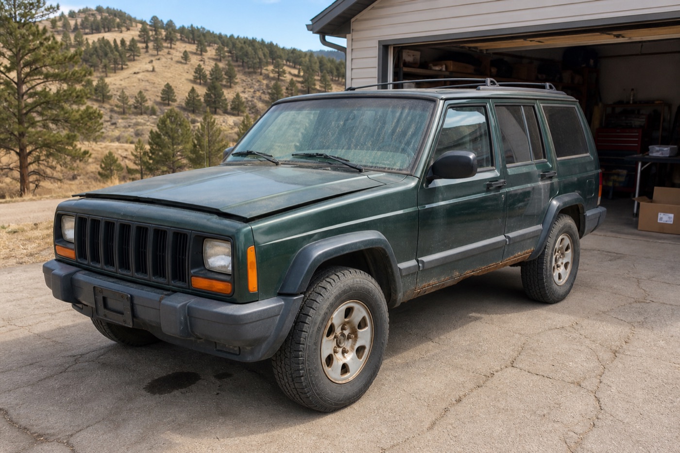 Faded dark green 1998 Jeep Cherokee project car outside a Colorado garage
