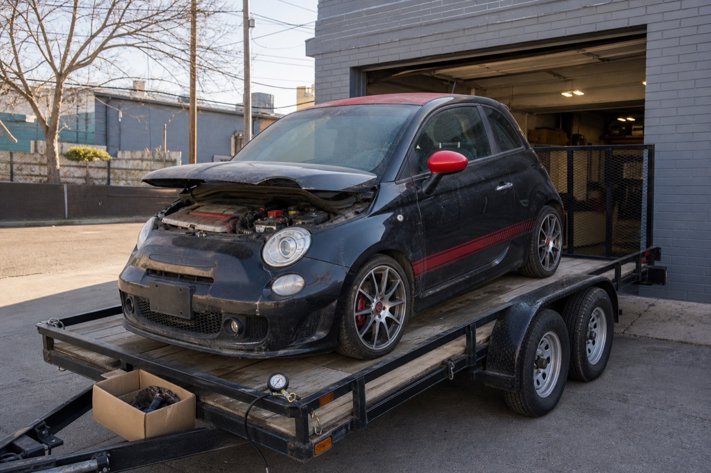 Dusty black and red 2013 Fiat 500 Abarth project car on a utility trailer